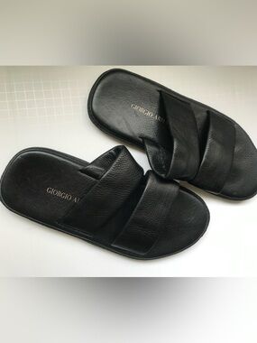 Giorgio Armani Black Leather Slide Sandals